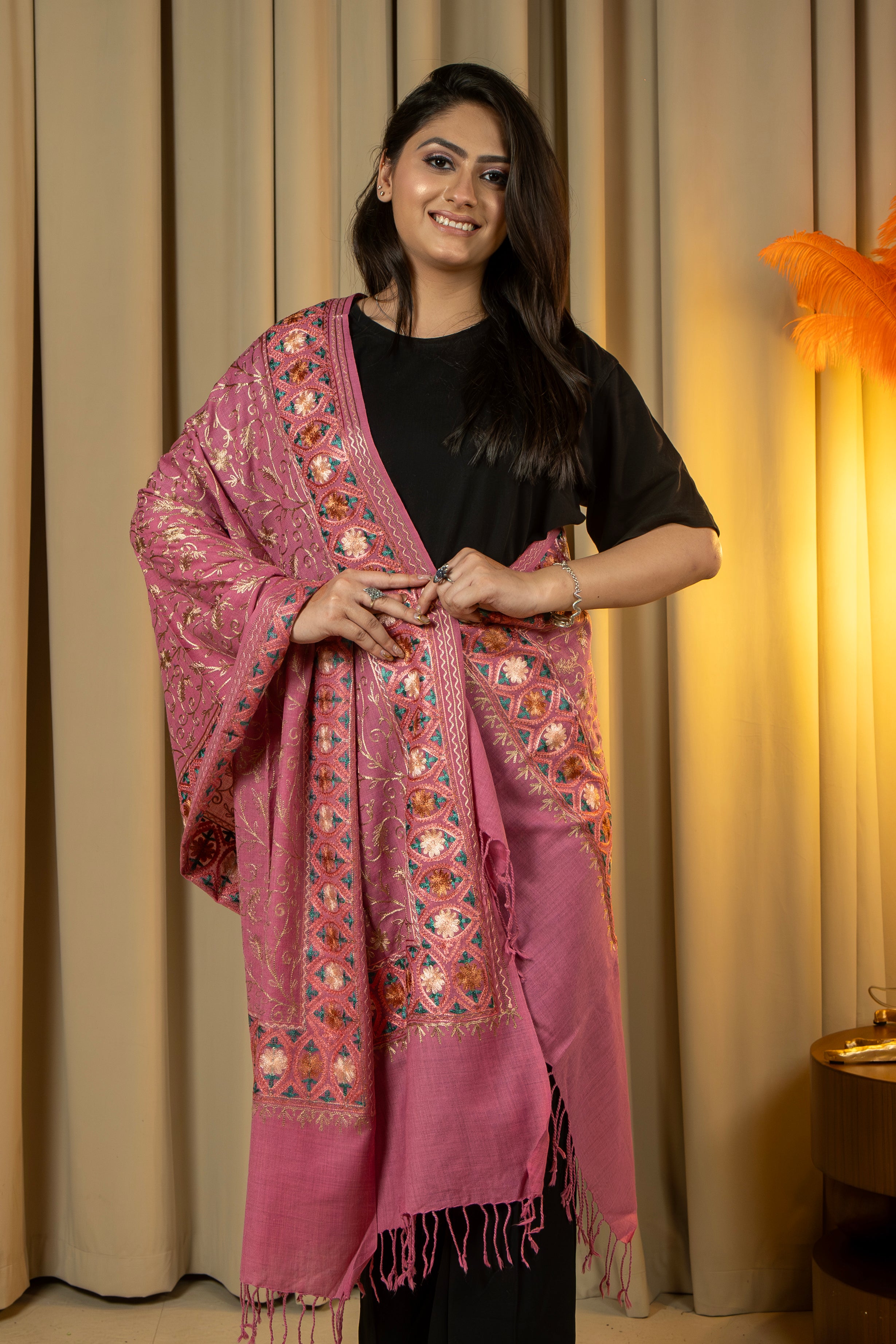 Aari Embroidered Pink Poly Wool Stole For Women